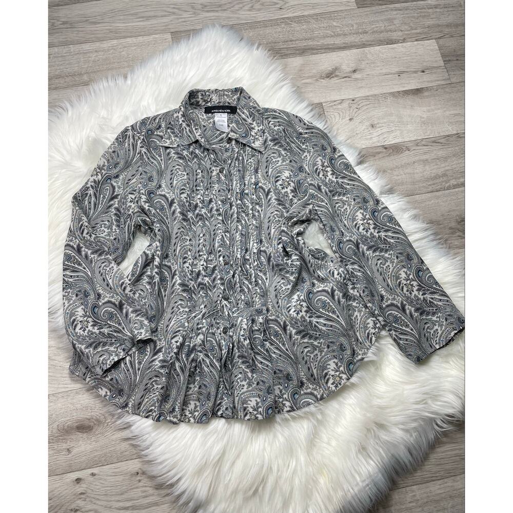 🔥Jones Mew York 100% Silk Paisley Pleated Button Blouse 3/4 Sleeves Bohemian